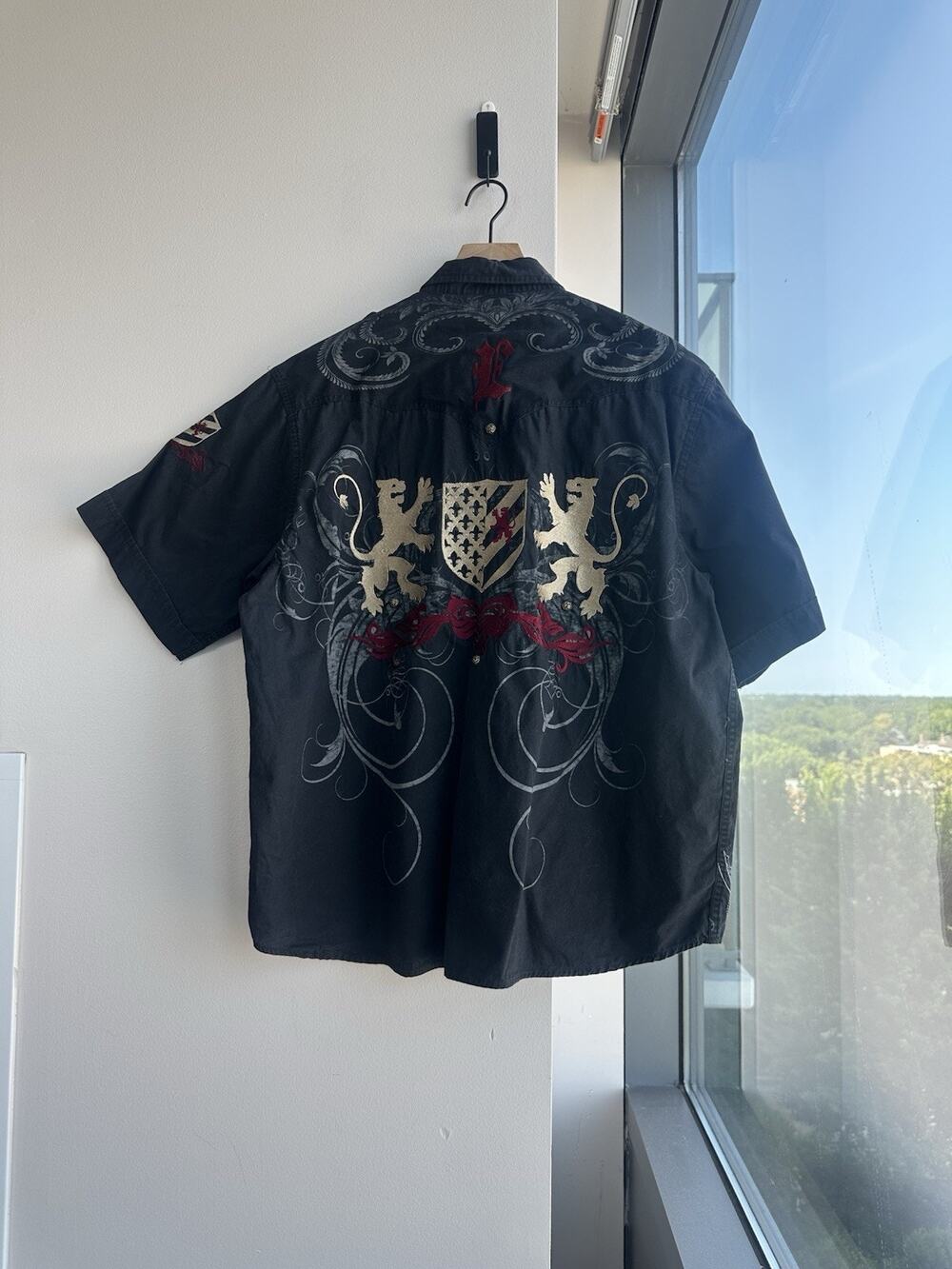 En4orce Y2K styl Cotton Woven Black Graphic Embroidered Button Up ShortSleeve XL